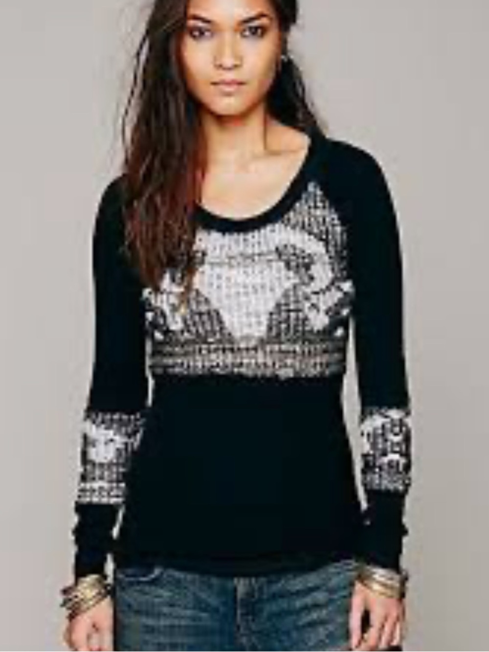 Free People Bambi Black and White Patterned Long-Sleeve Women's Top. Size Large